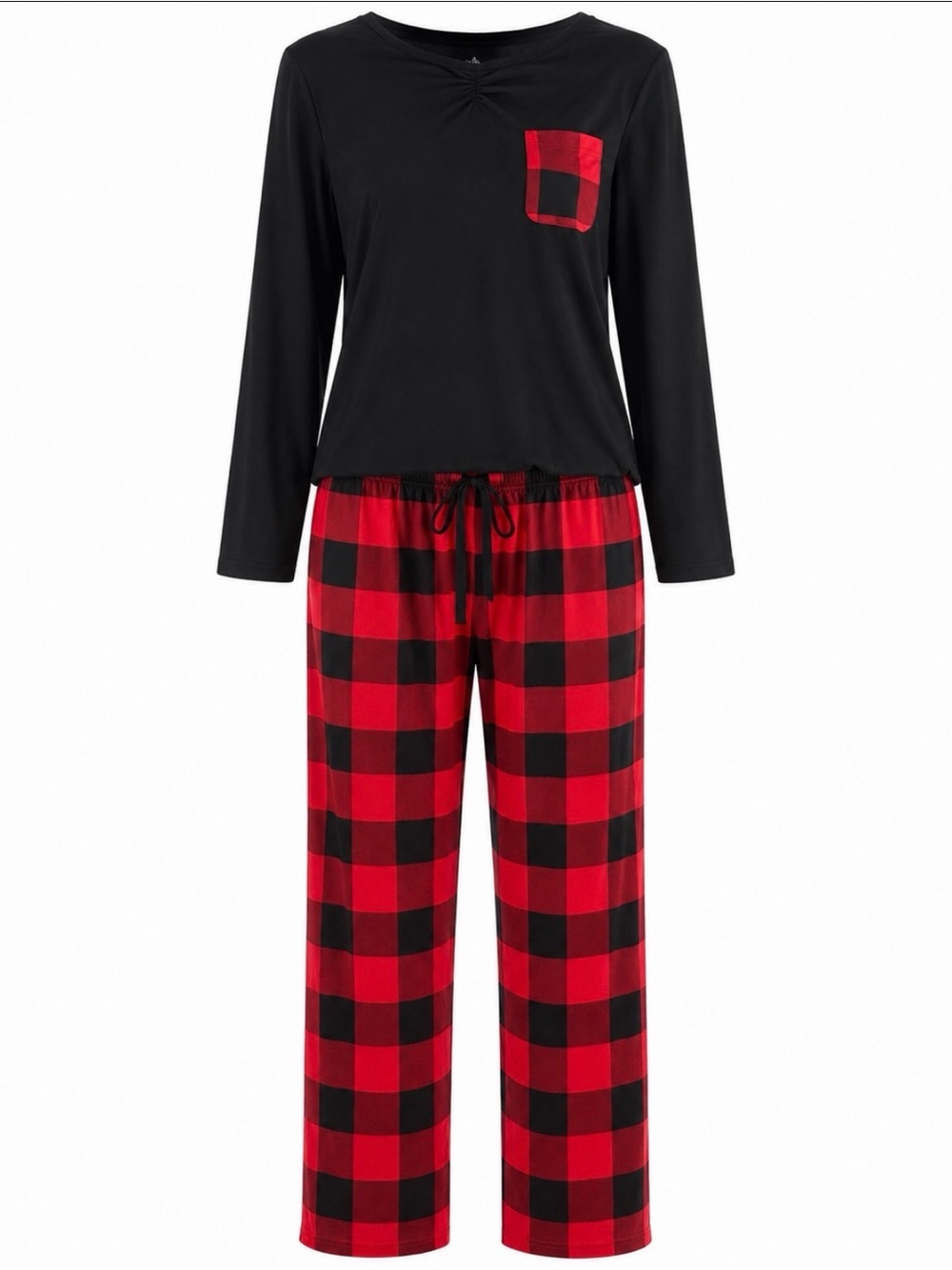 Aranee Women's XL Black Top & Red Buffalo Plaid Pajama Set